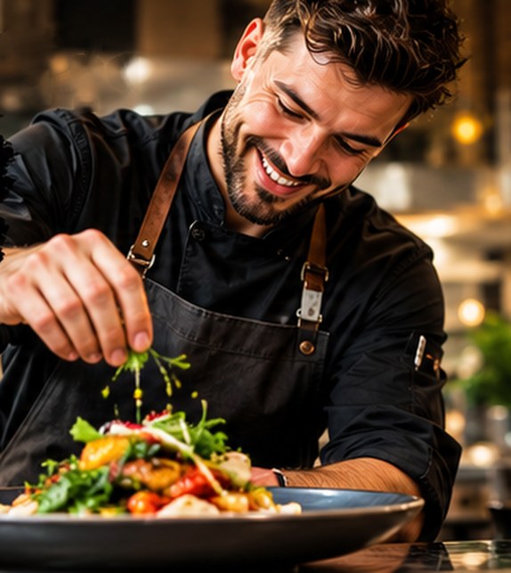 Lachende chef maakt een gerecht op in de keuken